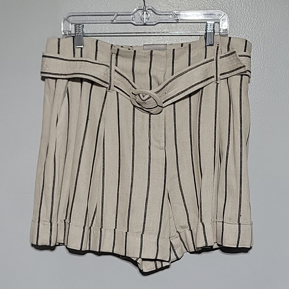 Worthington Womens Paper Bag Belted High Waist Natural Black Striped Shorts Sz14